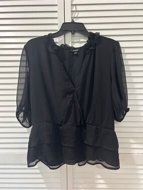 Express Black Sheer-Sleeve Surplice Peplum Blouse